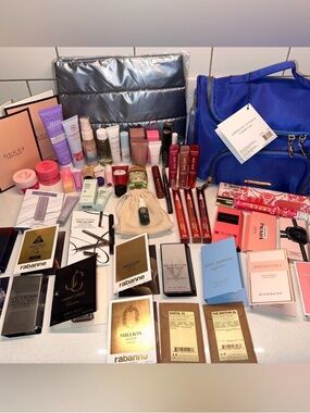 Gucci Lip & Beauty Lot with Blue Cosmetic Bag and Silver Pouch